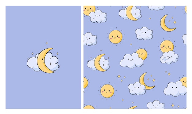 Colección de impresiones de guardería con patrón sin costuras y póster de dibujos animados kawaii luna y nubes