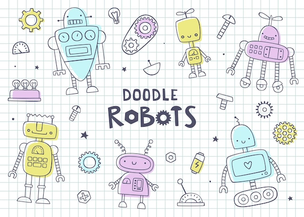 Vector colección de impresiones vectoriales divertidas con robots dibujados a mano para niños