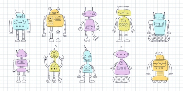 Colección de impresiones vectoriales divertidas con robots dibujados a mano para niños