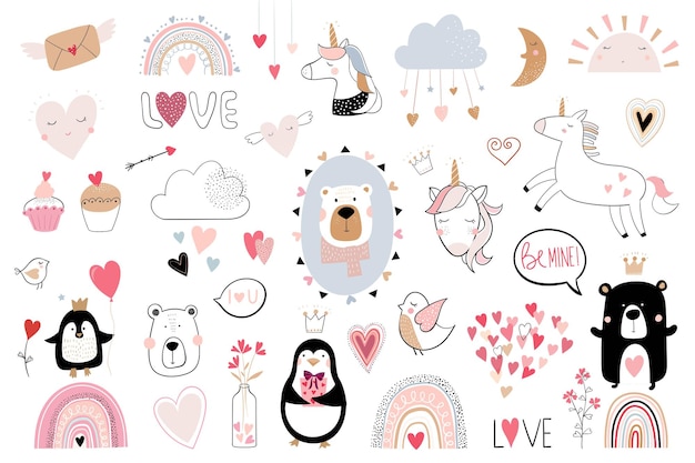 Colección infantil de elementos del día de San Valentín con animales lindos, unicornios y corazones de diseño estacional.