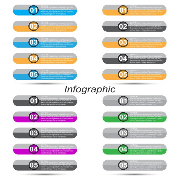 Colección de infografías con pasos y opciones, banner para diseño de negocios y plantilla de sitio web