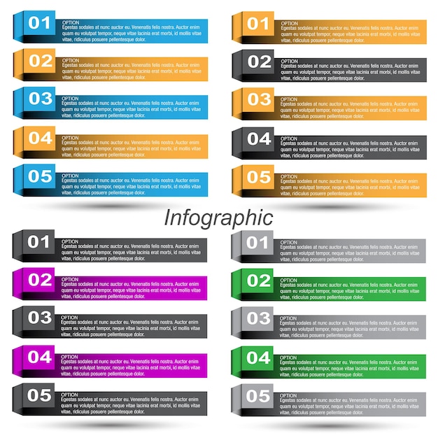 Colección de infografías con pasos y opciones.