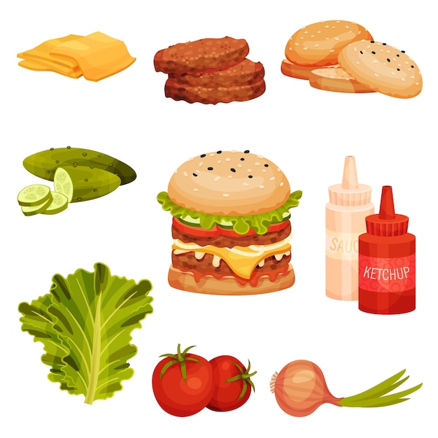 Colección de ingredientes para pan de hamburguesa con semillas de sésamo pepino carne chuleta tomate cebolla lechuga