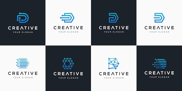 Vector colección inicial de logotipos d con elementos tecnológicos.