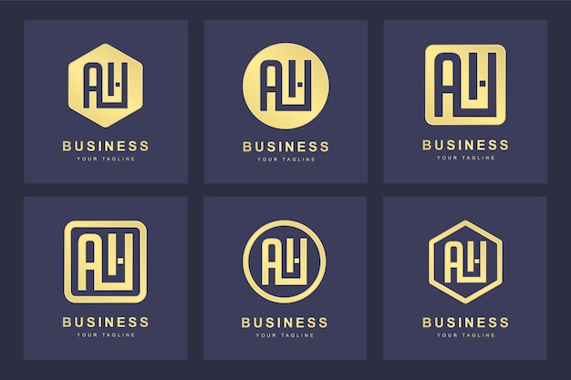 Una colección de iniciales del logotipo de la letra AH AH oro con varias versiones