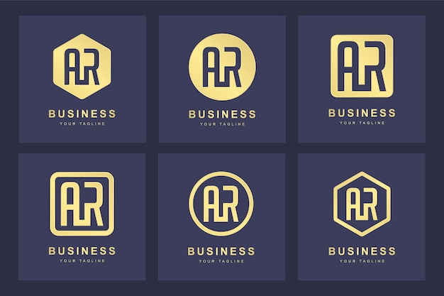 Una colección de iniciales del logotipo de la letra ar ar dorado con varias versiones