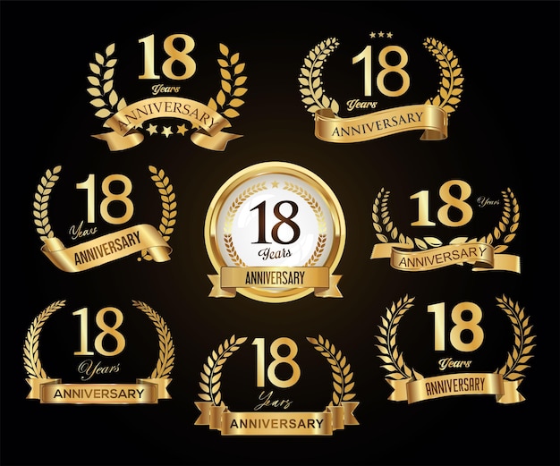 Colección de insignias de aniversario de coronas de laurel dorado ilustración vectorial
