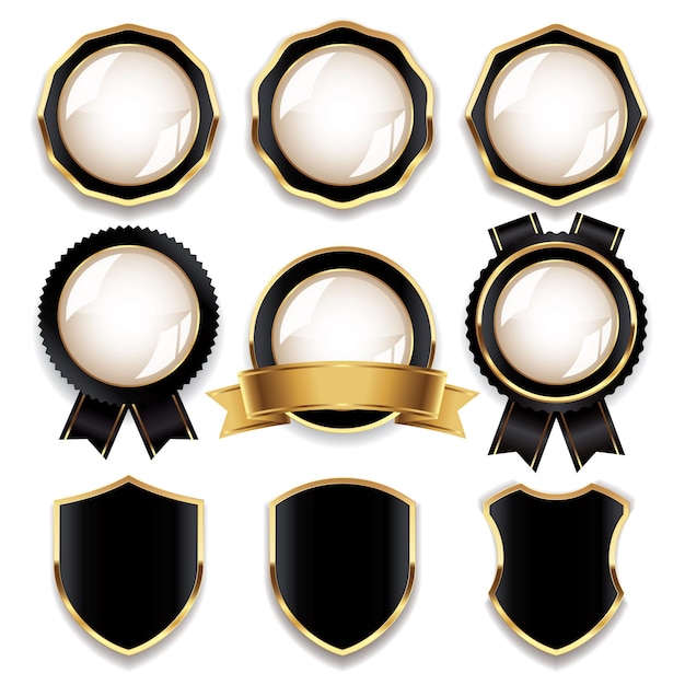 Colección de insignias en blanco de lujo en negro y oro.