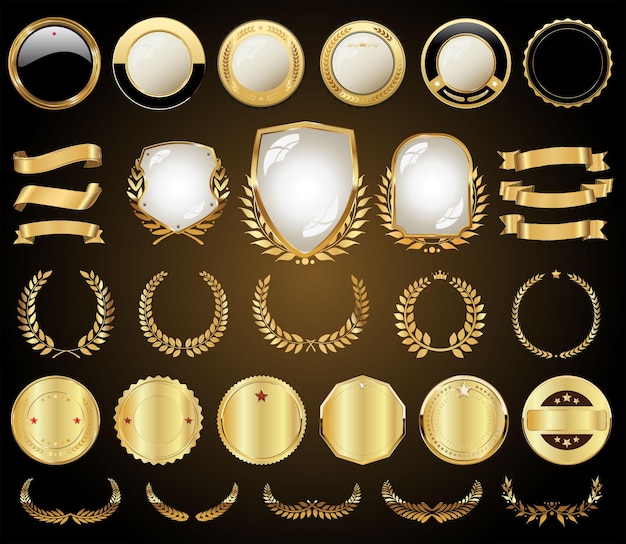 Colección de insignias doradas etiquetas coronas de laurel e ilustración de vector de escudo