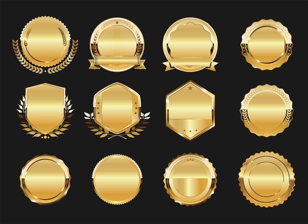 Colección de insignias y emblemas dorados etiquetas laureles y cintas