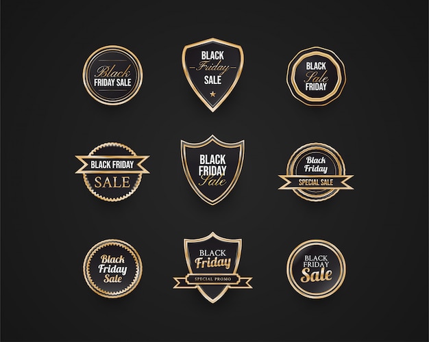 Vector colección de insignias y etiquetas de black friday con concepto negro y dorado