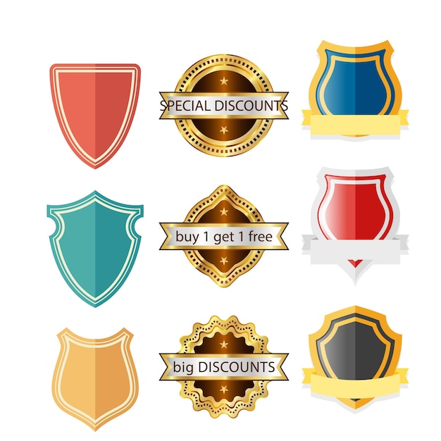 Colección de insignias y etiquetas doradas y plateadas de diferentes formas.