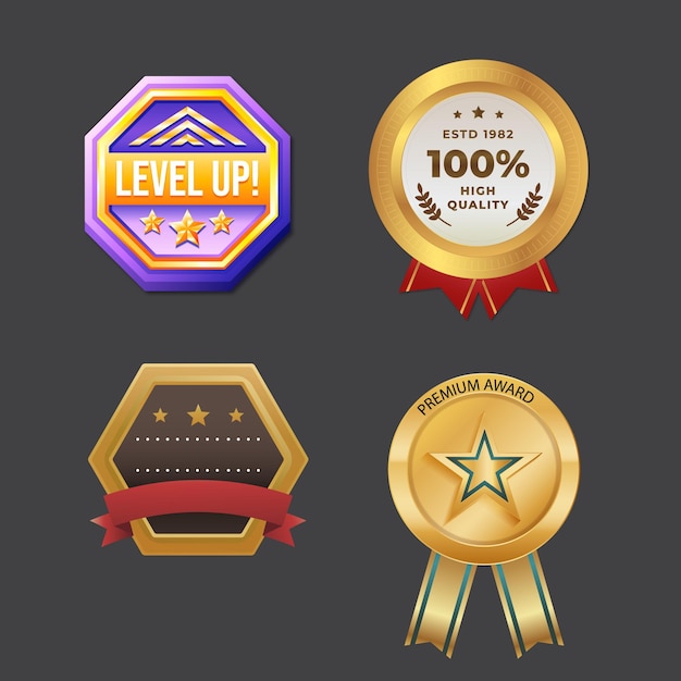 Colección de insignias y etiquetas doradas y plateadas de diferentes formas.