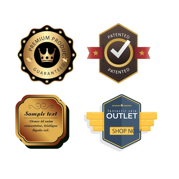 Colección de insignias y etiquetas doradas y plateadas de diferentes formas.