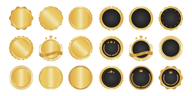 Colección de insignias, etiquetas y elementos de metal moderno, círculo dorado.