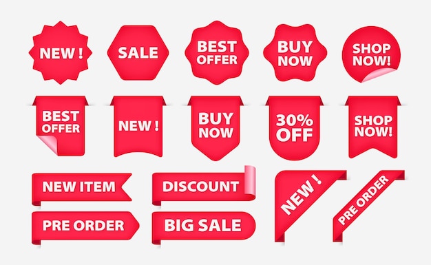 Colección de insignias y etiquetas promocionales rojas
