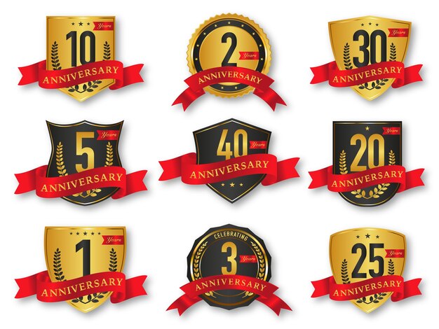 Colección de insignias y etiquetas de sello de aniversario de años oro y negro