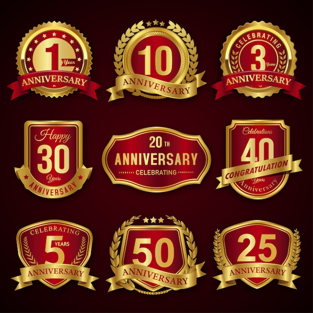 Colección de insignias y etiquetas de sello de aniversario rojo y dorado
