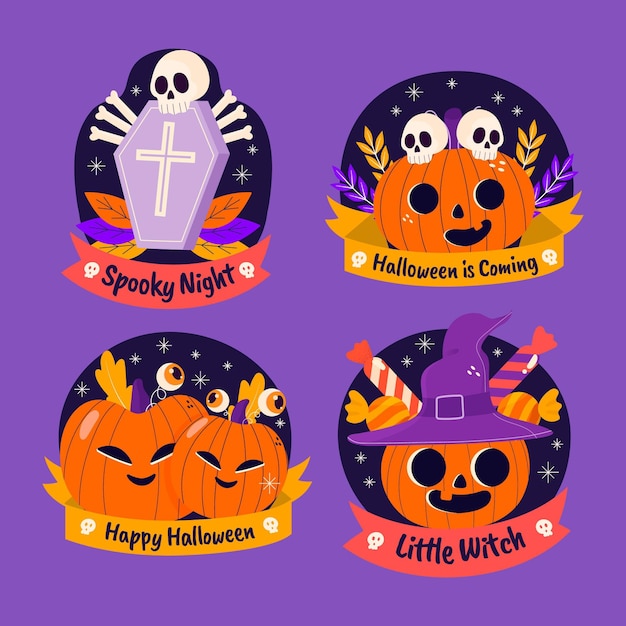 Vector colección de insignias de halloween planas dibujadas a mano