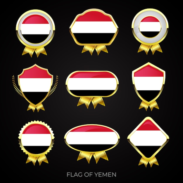 Vector colección de insignias de lujo con bandera dorada de yemen