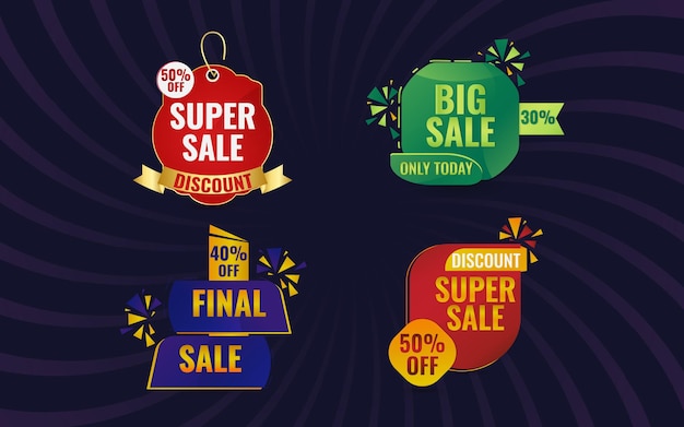 Colección de insignias o etiquetas de venta de descuentos y ofertas