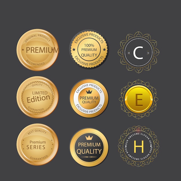 Colección de insignias de oro y plata y etiquetas de diferentes formas