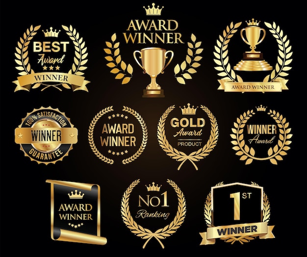 Colección de insignias de premios de oro, emblemas y etiquetas de ganadores