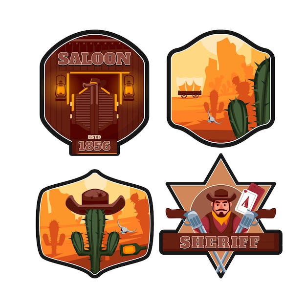 Vector colección de insignias de vaquero dibujadas a mano con elementos de sheriff y oeste salvaje