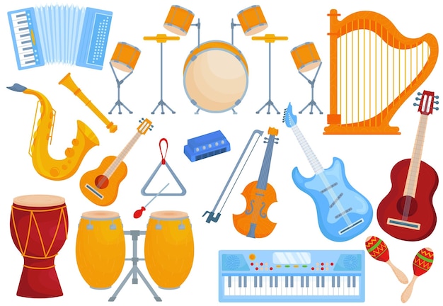 Vector colección de instrumentos musicales aislada en ilustración vectorial blanca guitarra acústica de violín musical