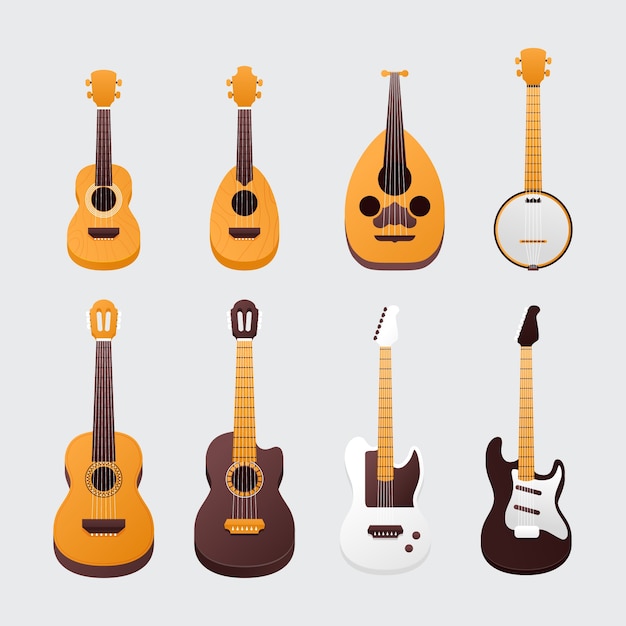 Vector colección de instrumentos musicales degradados.