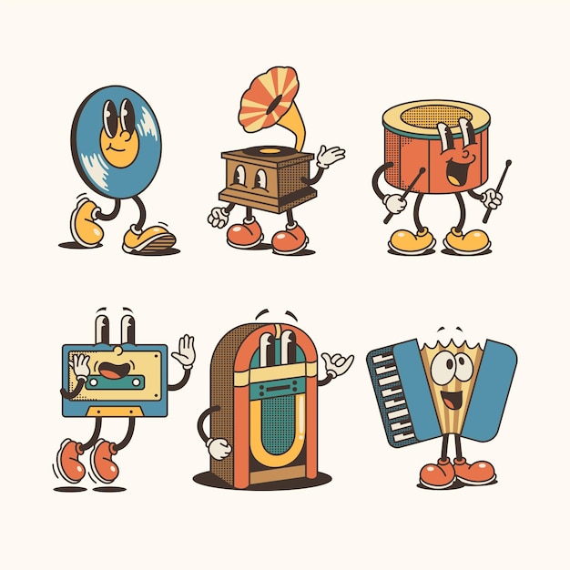 Vector colección de instrumentos musicales de dibujos animados retro dibujados a mano