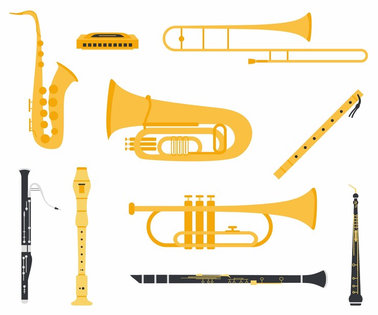 La colección de instrumentos musicales con diferentes tipos incluye clarinete oboe saxofón flauta trompeta trombón armónica tuba fagot y flauta de madera Instrumento musical vector plano