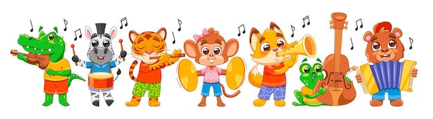 Colección de instrumentos musicales que incluye un violín, una trompeta, un acordeón, un tambor, címbalos y una caricatura de arco.