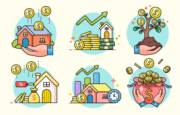 Colección de inversión financiera Depósito bancario Financiamiento de ganancias Administrar dinero en estilo de dibujos animados para la ilustración de vector de diseñador gráfico