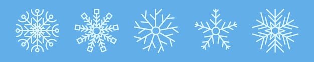 Colección de invierno de copos de nieve Conjunto de cinco copos de nieve blancos en estilo de línea sobre fondo azul Elementos de decoración de Navidad y año nuevo Ilustración vectorial