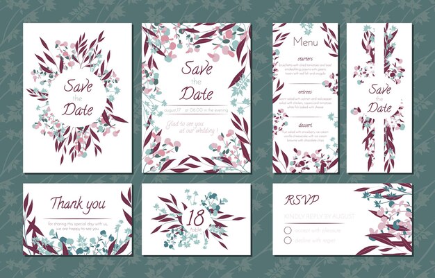 Colección de invitaciones de boda con corona de eucalipto