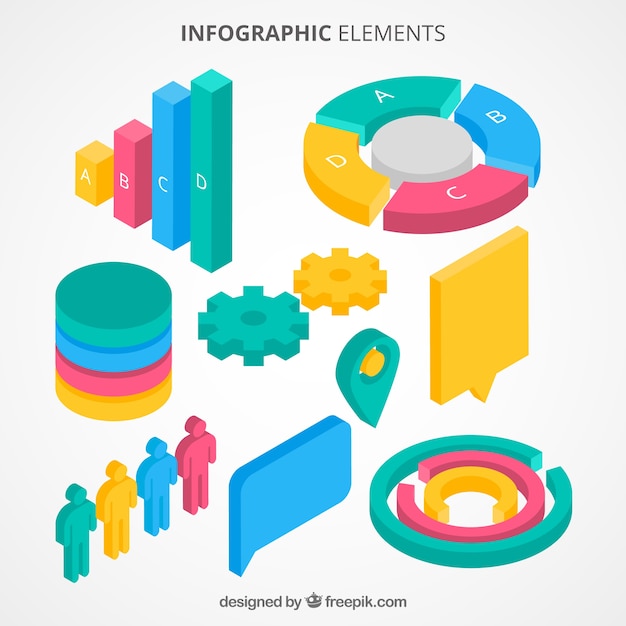 Colección isométrica de elementos coloridos para infografías