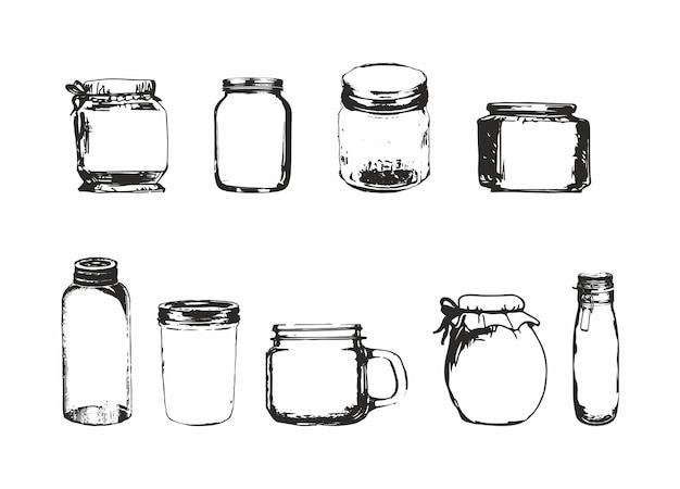 una colección de jarras blancas y negras