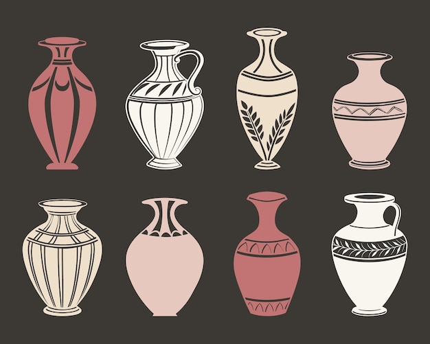 Colección de jarrones y ánforas antiguas dibujadas a mano Ilustración en colores pastel