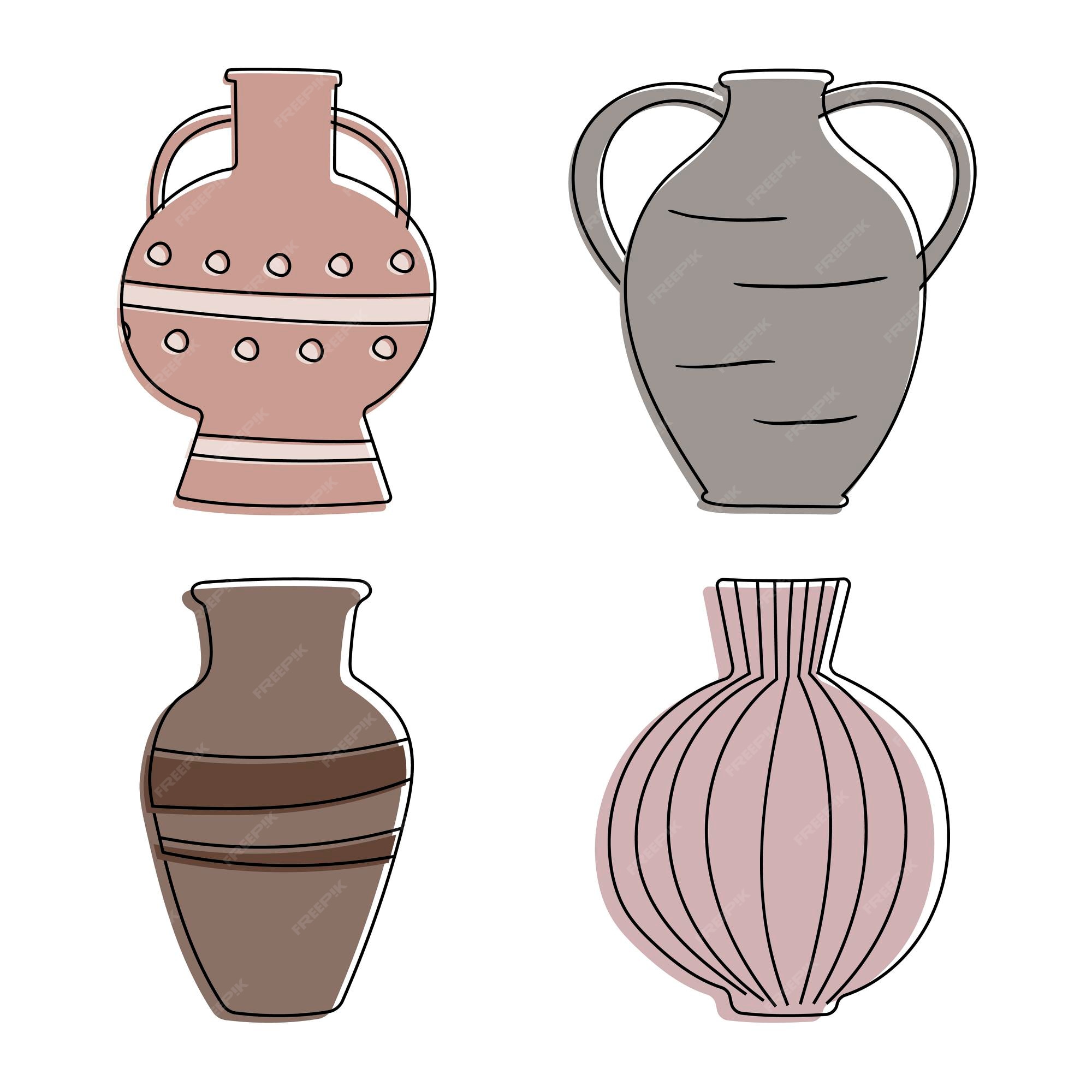 Colección de jarrones antiguos de dibujos animados de arcilla. atributos y  artículos de decoración, artículos de vajilla del mundo antiguo. jarras de  arte lineal con líneas y círculos. | Vector Premium