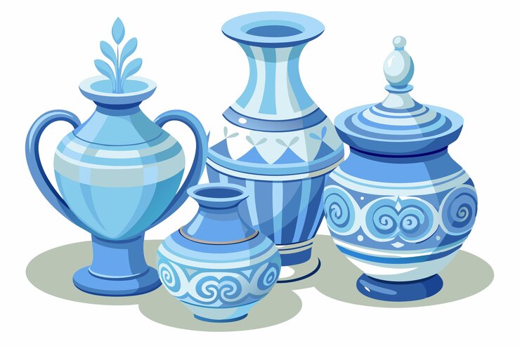 Vector una colección de jarrones azules y blancos con un diseño de la parte superior