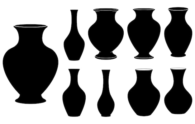 Colección de jarrones de cerámica de silueta negra aislados