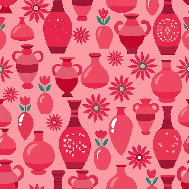 una colección de jarrones rosados con flores y hojas en ellos