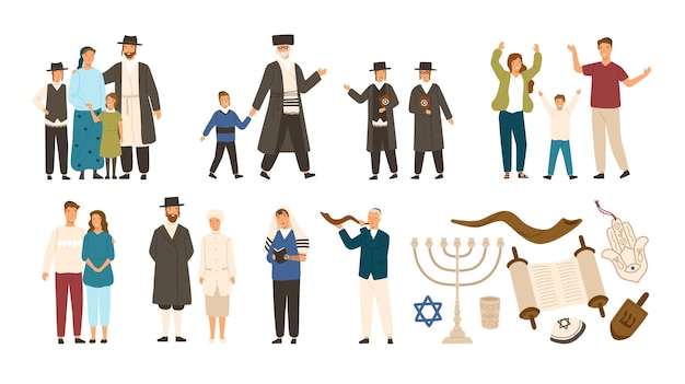 Colección de judíos y símbolos judíos o hebreos. Pareja, familia feliz, niños leyendo Torá y tocando Shofar. Lindos personajes de dibujos animados aislados sobre fondo blanco. Ilustración de vector de estilo plano.