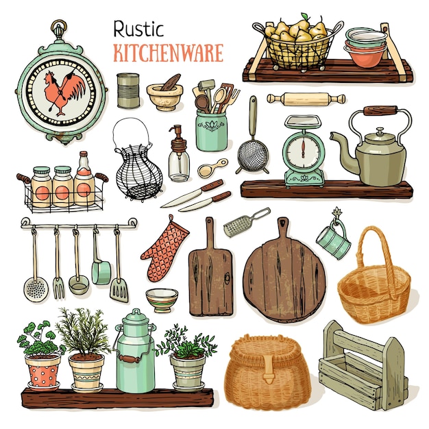 Colección juego de cocina rústica dibujada a mano utensilios de cocina  vintage aislados sobre fondo blanco | Vector Premium