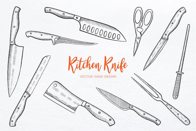 Colección de juego de cuchillos de cocina con vector de boceto dibujado a mano