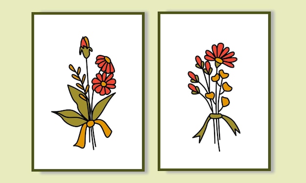 Colección de juegos de arte mural botánico dibujo a mano de flores y hojas impresión mural minimalista