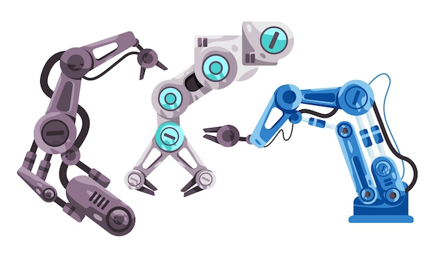 Colección de juegos de brazos robóticos en muchos colores gris futurista blanco y azul robot industrial