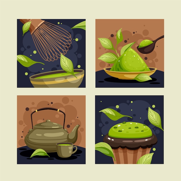 Vector colección de juegos de ilustraciones de té matcha plano con accesorios de té