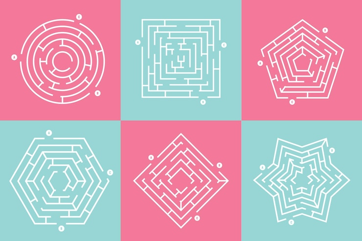 Vector colección de juegos de laberinto iconos de acertijos de laberinto encuentra el camino correcto juego de laberinto para niños